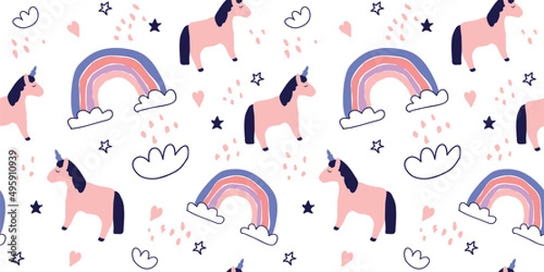 Obraz Unicorn, rainbow, stars and hearts seamless pattern hand drawing isolated on white background