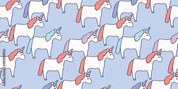 Obraz Hand drawn seamless vector pattern with cute baby unicorns on purple background. Perfect for fabric, wrapping paper or nursery decor.