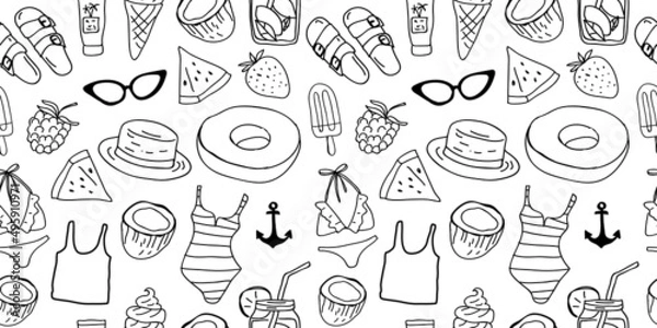 Obraz Summer seamless pattern with hand drawn doodles. Good for prints, textile, backgrounds, wallpaper, wrapping paper, packaging, coloring pages, etc.