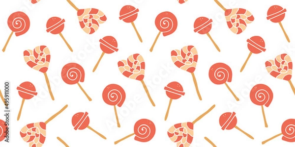 Obraz Vector pink lollipops seamless pattern. Cartoon retro red sweet candy background.
