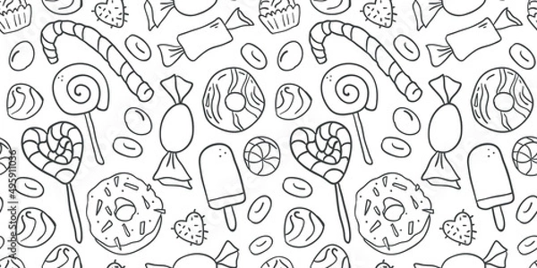Obraz Black and white seamless pattern with hand drawn outline candies.