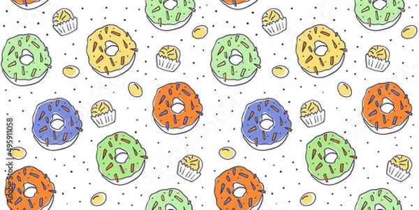 Obraz Donut with white glaze, pink, blue mint and yellow lemon donuts, donuts and candies pattern. Seamless pattern. Vector illustration