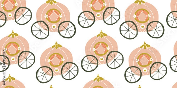 Obraz Childish seamless pattern with pink carriage in scandinavian style. Creative vector childish background for fabric, textile