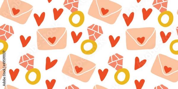 Obraz Seamless vector flat hearts pattern. Valentine's day background. Flat design. Endless chaotic texture of romantic elements. Hearts, letter, envelope.