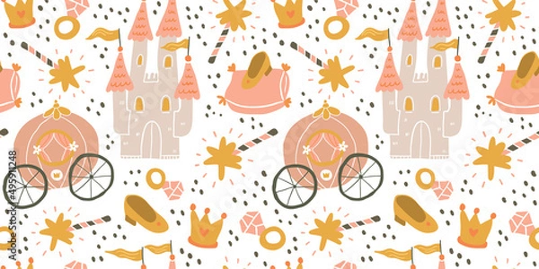 Obraz Childish seamless pattern with princess, castle, carriage in scandinavian style on white with polka dots. Creative vector childish background for fabric, textile, clothing