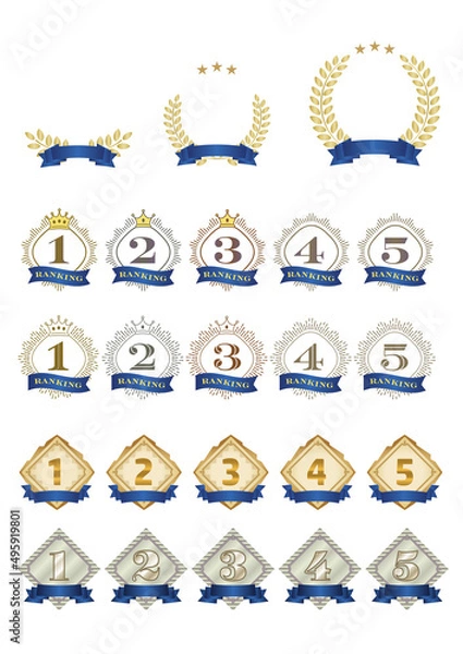 Obraz 青いリボン装飾の月桂樹、星、王冠、紋章のランキングアイコンセット
