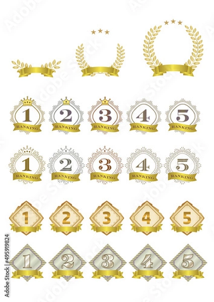 Obraz 金色リボン装飾の月桂樹、星、王冠、紋章のランキングアイコンセット