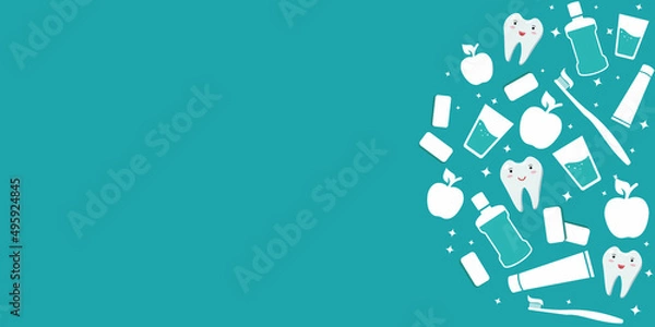 Fototapeta Oral care. Horizontal dental banner. Items for daily oral hygiene. Mouthwash and toothbrush with paste, apple, chewing gum, white healthy teeth. Vector isolated flat icons on a blue background