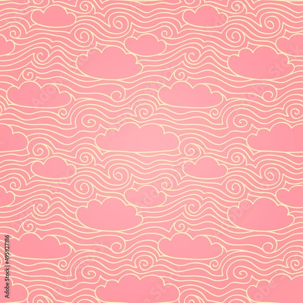 Fototapeta Sky with clouds. Pink seamless pattern. Hand drawn illustration with swirls