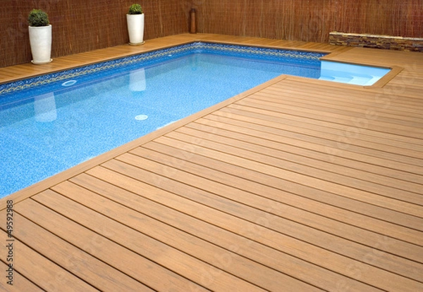 Fototapeta BLUE SWIMMING POOL WITH WOOD FLOORING-PISCINA MADERA