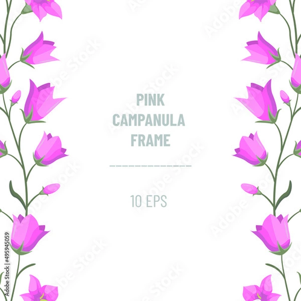 Fototapeta Vertical border composition with pink campanulas; flowers frame with pinkbells, perfect for greeting cards, posters, banners, invitations and other design. Vector illustration.