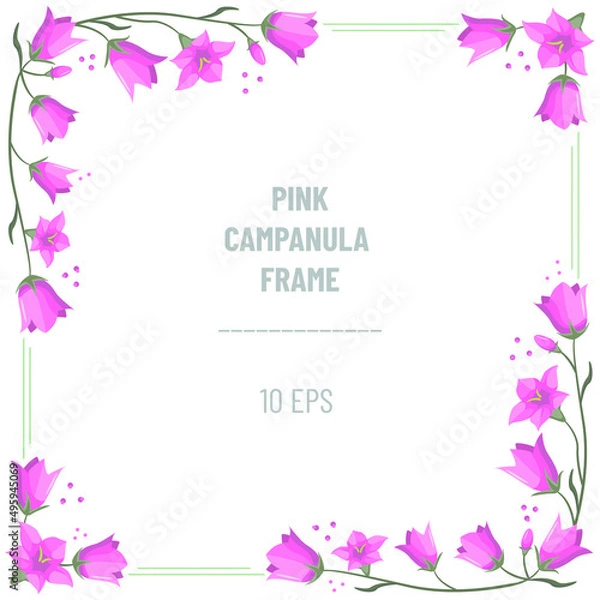 Fototapeta Pink campanulas frame; empty square flowers frame with pinkbells for greeting cards, invitations, posters, banners, packaging and other design. Vector illustration.
