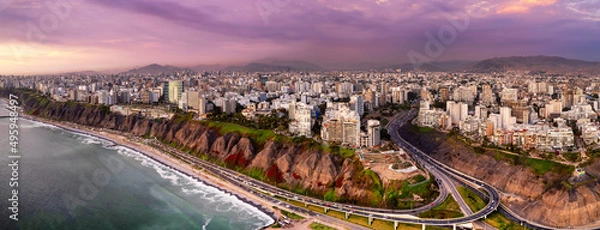 Fototapeta Lima, Peru along the coast also known as Circuito de Playas de la Costa Verde at a golden hour sunset