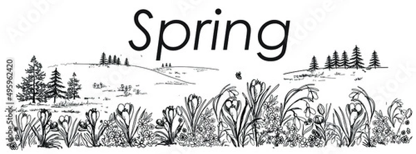 Obraz Mountains, spring landscape, doodle.