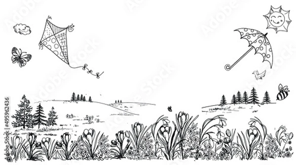 Obraz Mountains, spring landscape, doodle.