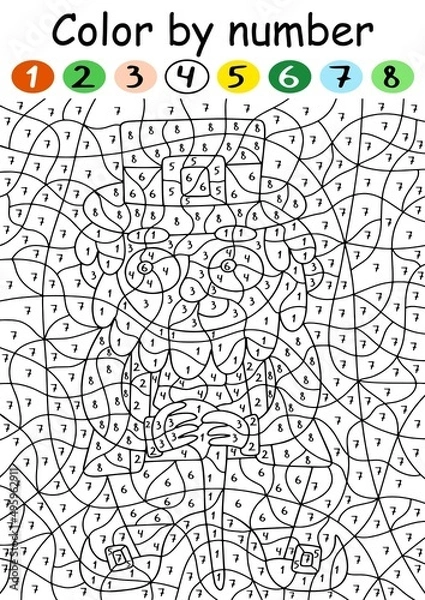 Fototapeta Cartoon leprechaun color by number game vector illustration. Funny coloring page with numbers for St. Patrick's day kids party. Hand-drawn leprechaun color by number - vertical printable worksheet