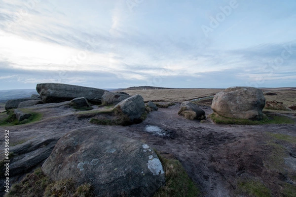 Obraz Rocks and hilly scenery of Higger Tor. Natural rock formation in the Peak District, close to Sheffield, UK
