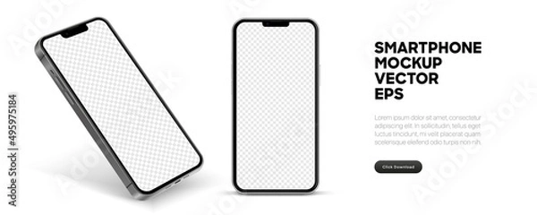 Obraz Realistyczna makieta na smartfony. Wektor telefonu komórkowego z izolowanym na białym tle. Widok z przodu urządzenia. 3D telefon komórkowy z cieniem. Realistyczne, wysokiej jakości makieta smartfonów do prezentacji UI UX.