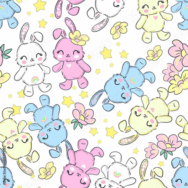 Fototapeta Rabbit Seamless Pattern colorfull Hand Drawn Bunny print design rabbit background Vector Textile for Kids Fashion