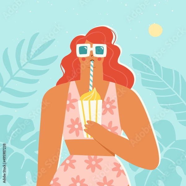 Obraz Vector illustration of a girl with a milkshake spending her summer vacation at a resort. Young woman wearing sunglasses and a swimsuit with tropical leaves behind. Summer holiday concept.