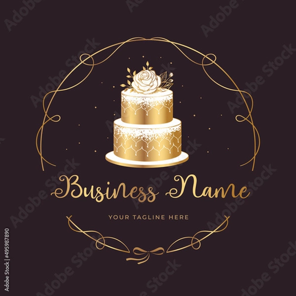 Fototapeta Cake logo design, bakery logo, wedding cake with golden sequins and white flowers