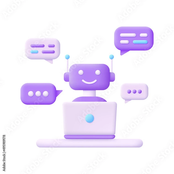 Fototapeta 3D Chatbot and laptop isolated on white background. AI assistant support and FAQ concept. Cute robot. Can be used for many purposes.