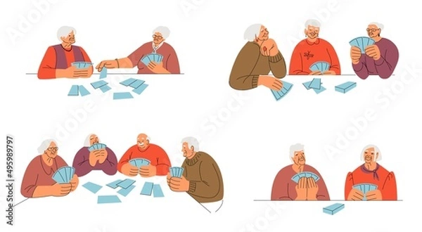 Obraz Older people play cards. Leisure and entertainment. Vector characters in flat style