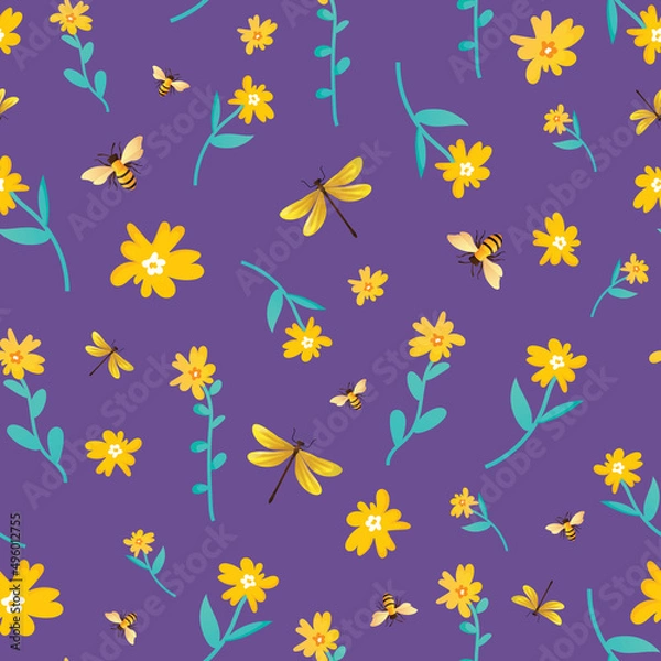 Fototapeta Seamless pattern with flowers, bees and dragonflies.