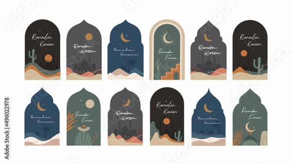 Fototapeta Collection of Ramadan Kareem greeting cards illustration design vector template. Ramadan Mubarak modern cards with retro boho style design, islamic frame, crescent, mosque, moon and desert.