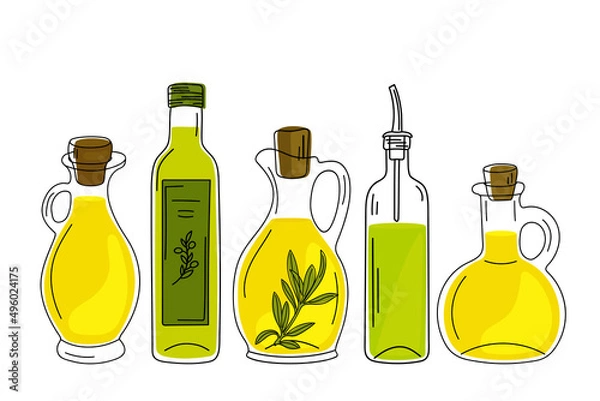 Obraz Set of hand drawn glass bottles with olive oil isolated on a white background. Vector illustration.