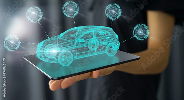 Fototapeta 100% electric car, clean energy innovation. Choose an electric vehicle with Metaverse technology.