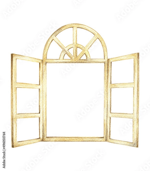 Obraz 洋風の木製の窓枠　手描き色鉛筆画