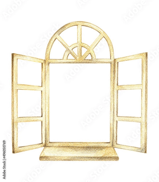 Fototapeta 洋風の木製の窓枠　窓台あり　手描き色鉛筆画