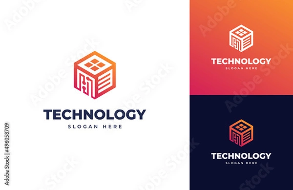 Fototapeta Digital document data tech circuit home vector logo design, Creative geometric quick future technology logo design