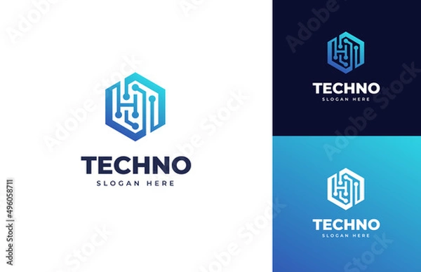 Fototapeta Geometric circuit tech wire digital system vector logo design, Creative technology connection data online logo design