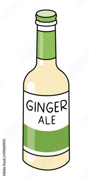 Fototapeta Doodle cartoon style bottle of ginger ale. Refreshing soft drink, cocktail ingredient. For card, stickers, posters, bar menu or cook book recipe.