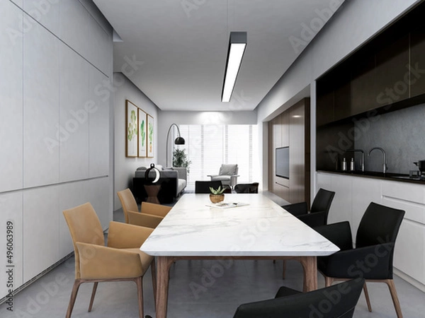 Fototapeta 3D rendering,Spacious modern luxurious kitchen with bar design.