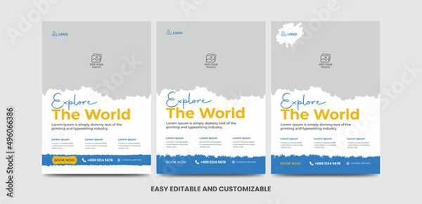 Fototapeta Modern poster travel flyer design template bundle. Editable tour poster template with brush stroke set