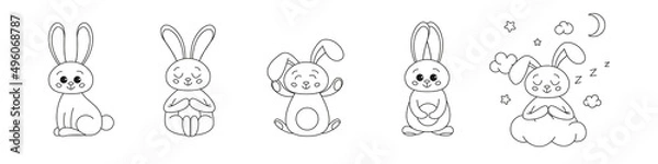 Obraz Set of Cute outline rabbits, bunny for coloring. Rabbits Bunnies Cartoon Outline Coloring Book or page for kids. Happy Easter in doodle style. Illustration Vector.