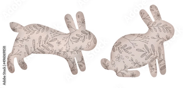 Obraz Set easter beige, brown bunny silhouettes texture flower pattern illustration. Party garland template