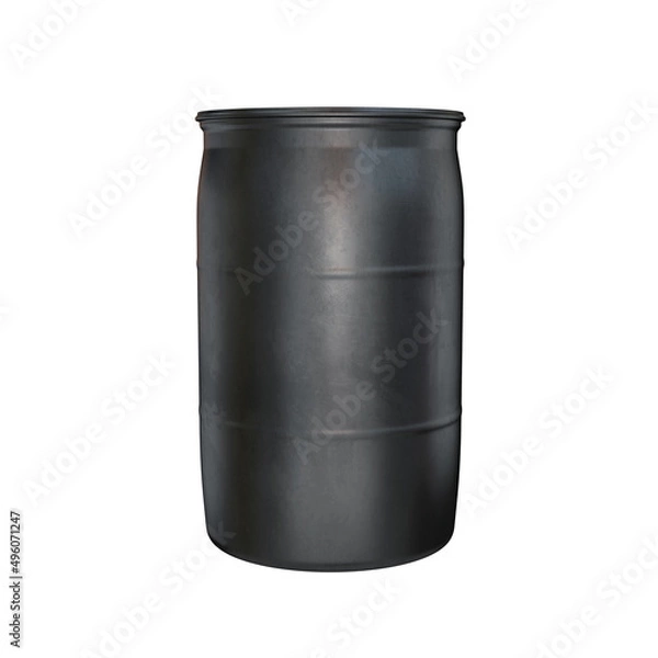 Fototapeta Plastic barrel black side view on a white background, 3d render