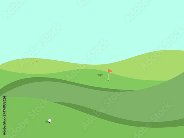 Fototapeta Golf field. Wavy green meadow in a minimalist style. Golf course with holes and red flags. Landscape with green fields. Design for advertising products and posters. Vector illustration