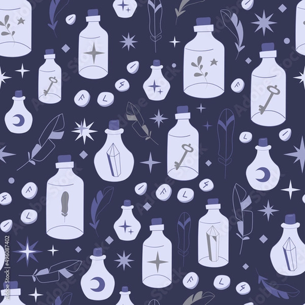 Obraz Boho bottle seamless pattern with tubes and feathers