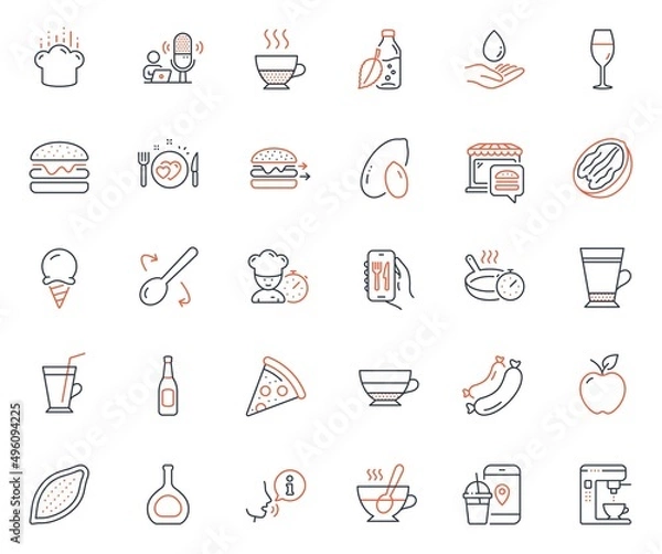 Obraz Food and drink icons set. Included icon as Ice cream, Pizza and Pecan nut web elements. Food delivery, Latte, Water bottle icons. Cooking spoon, Wineglass, Cognac bottle web signs. Vector