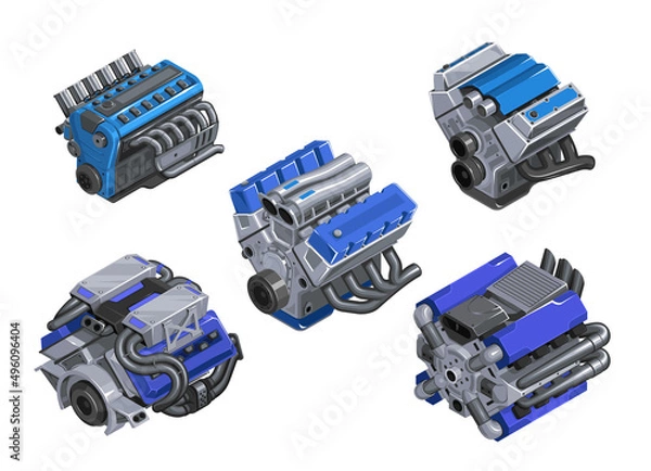 Obraz Car engine in isometry. Set of engines of different levels on white background. Detailed 3d engine in cartoon style. Tuned engine. EPS 10 vector illustration