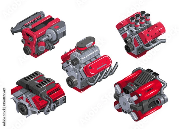 Obraz Car engine in isometry. Set of engines of different levels on white background. Detailed 3d engine in cartoon style. Tuned engine. EPS 10 vector illustration