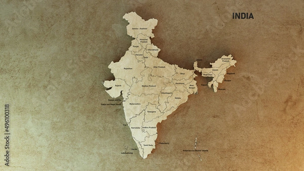 Fototapeta India Map with state names 3d rendered illustration 