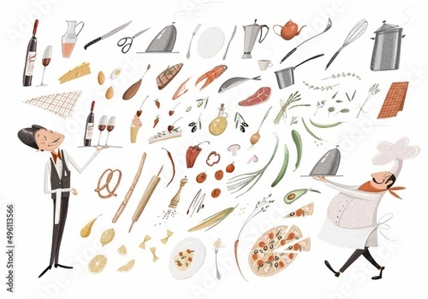 Fototapeta Large hand-drawn restaurant set. Kitchen utensils, vegetables, fruits, dishes. Cook and waiter with a tray in their hands. Cute cartoon style. Stock illustration.