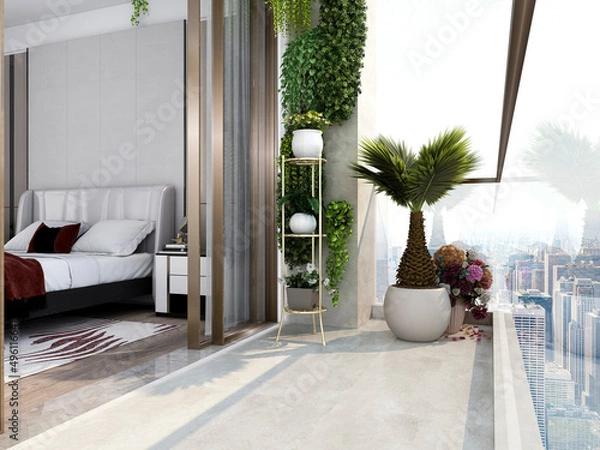 Fototapeta 3D rendering, spacious and bright urban residential closed balcony design, green plants with wooden tables and chairs are leisure and comfortable.