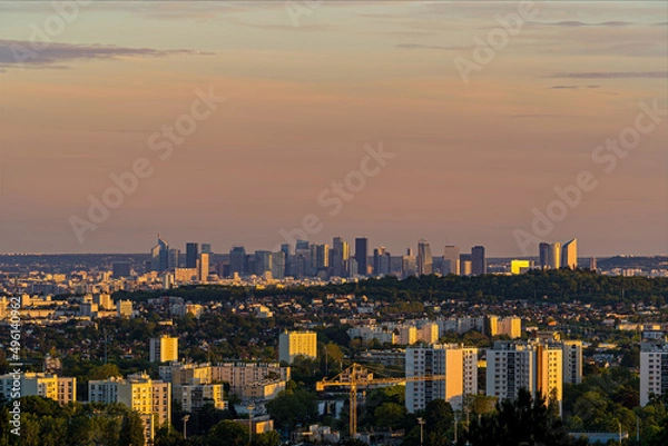 Obraz Panorama of La Defense Business District at Golden Hour With Trees and Hill